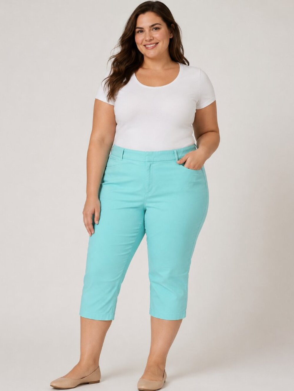 JM Collection Woman 24W Aqua Capri Pants Stretch Cotton Cropped Plus Size Casual